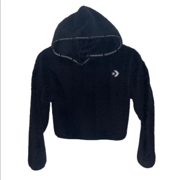 Converse Other - Converse black sherpa fleece cropped hooded pullover sweatshirt size girls 10-12